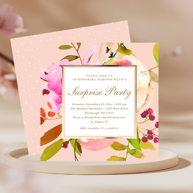Blush Floral Watercolor with Dots Surprise Party Invitation (Creator Uploaded)