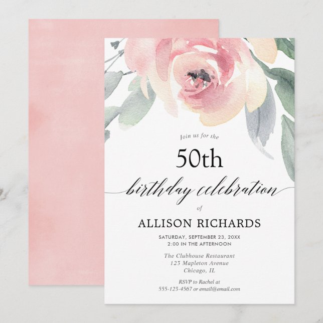 Blush floral watercolor women adult birthday party invitation (Front/Back)