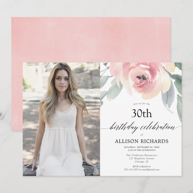 Blush floral watercolor women adult birthday photo invitation (Front/Back)