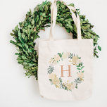 Blush Floral Watercolor Wreath Bridesmaid Initial Tote Bag<br><div class="desc">Stylish floral monogram design features a wreath of watercolor painted roses and ranunculus flowers. Personalise with custom monogram initial in rose gold. Soft colour scheme includes shades of blush pink,  peach,  grey,  cream,  green,  and gold.</div>
