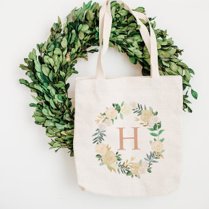Blush Floral Watercolor Wreath Bridesmaid Initial Tote Bag