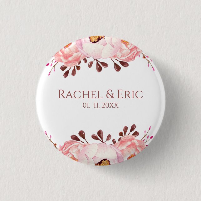 Blush Floral Wedding Button with Custom Names (Front)