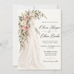 Blush Floral Wedding Dress Wedding Invitation
