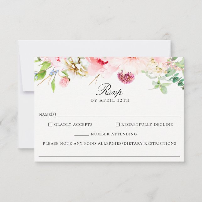 Blush Floral Wedding Food Allergy RSVP Card (Front)