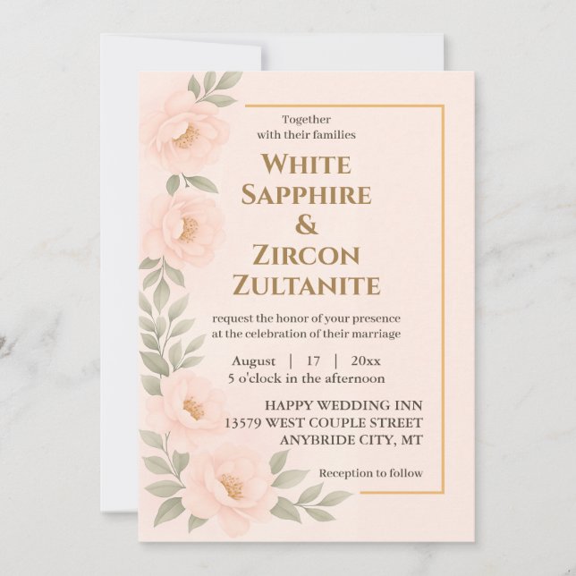 Blush Floral Wedding Invitation With Gold Frame (Front)