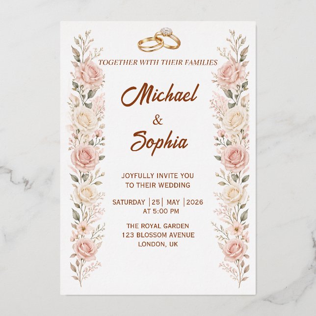 Blush Floral Wedding Invitation with Gold Rings (Front)