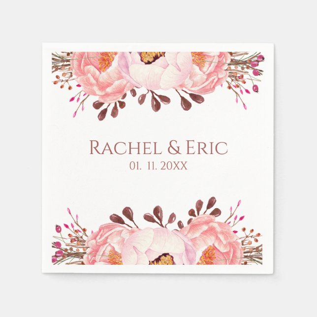 Blush Floral Wedding Napkin with Custom Names (Front)