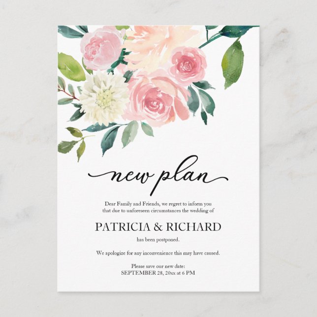 Blush Floral Wedding Postponement New Plan Postcard (Front)
