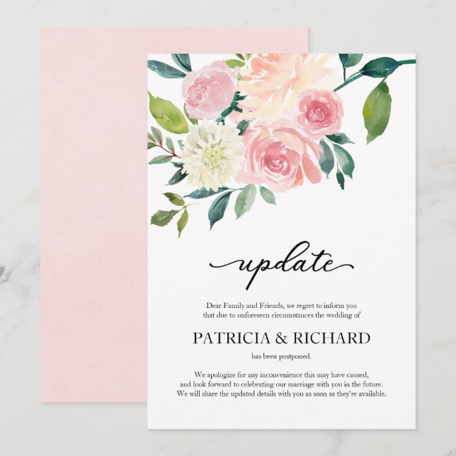 Blush Floral Wedding Postponement Update Invitation (Front/Back)