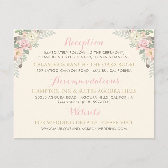 Blush Floral Wedding Reception Details Enclosure Card (Front)