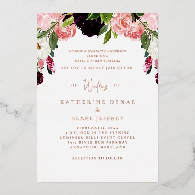 Blush Floral Wedding Rose Gold Foil Invitation (Front)