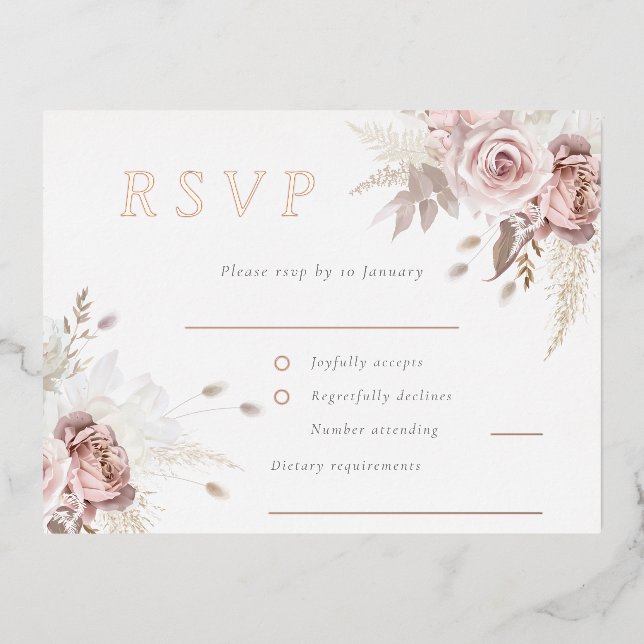 Blush Floral Wedding RSVP Rose Gold Foil Invitation Postcard (Front)
