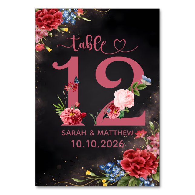 Blush Floral Wedding Table Number  12 Card (Front)