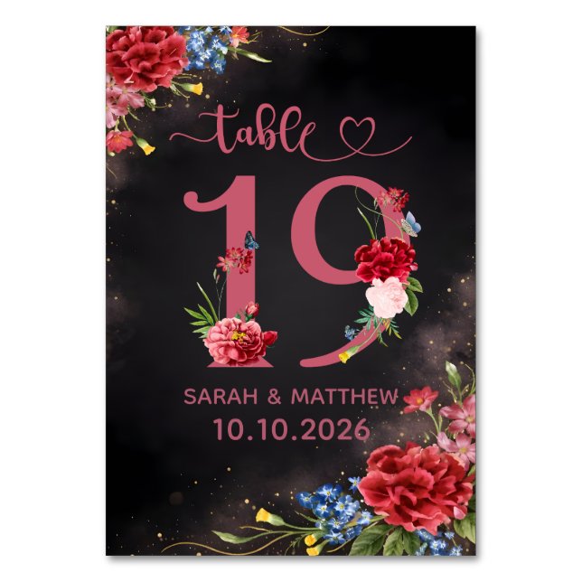 Blush Floral Wedding Table Number 19 Card (Front)