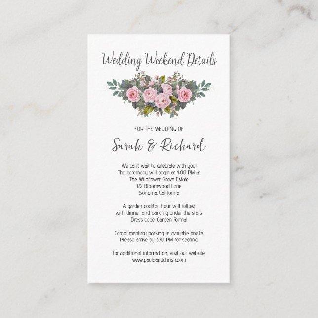 Blush Floral Wedding Weekend Details Enclosure Card (Front)