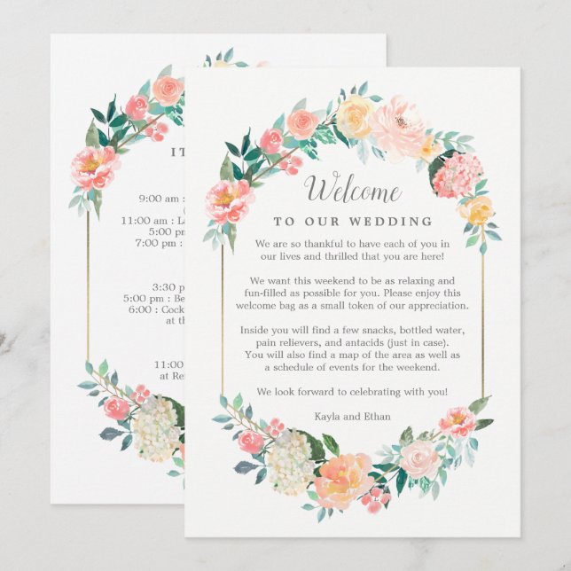 Blush Floral Wedding Welcome And Itinerary Card (Front/Back)