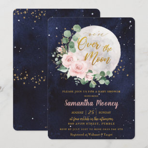 Blush Floral We're Over the Moon Girl Baby Shower Invitation