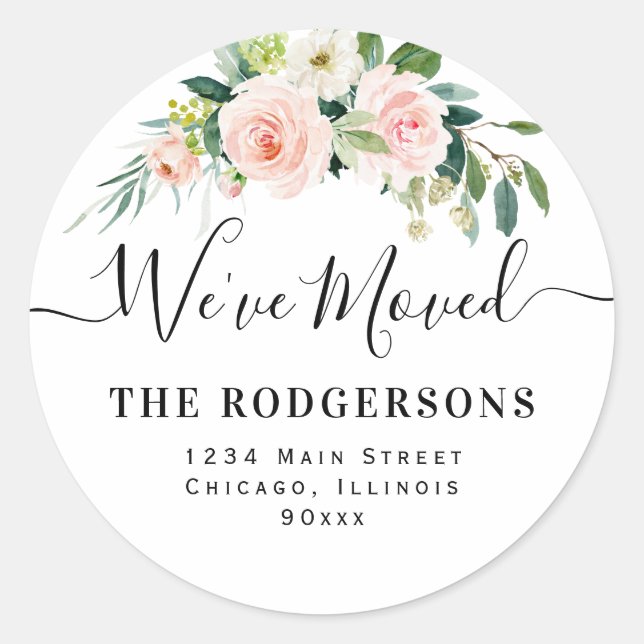 blush floral We've moved new address Classic Round Sticker (Front)