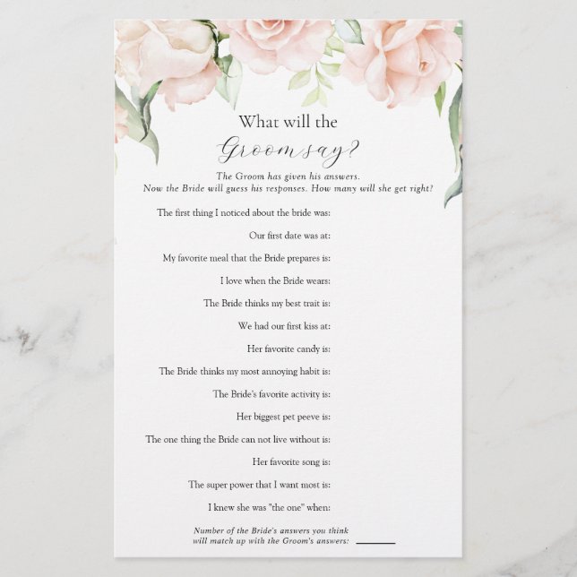 Blush Floral What Did Groom Say Bridal Shower Game (Front)