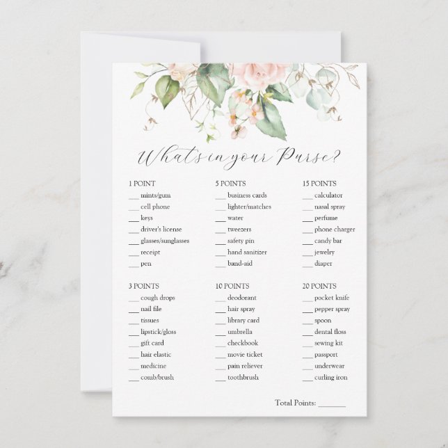 Blush Floral What's in Your Purse Bridal Game Card (Front)