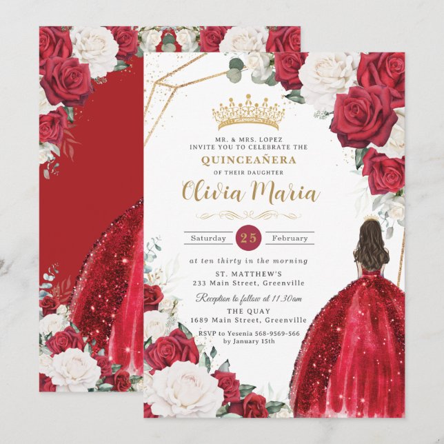 Blush Floral White Dress Princess Gold Quinceañera Invitation (Front/Back)