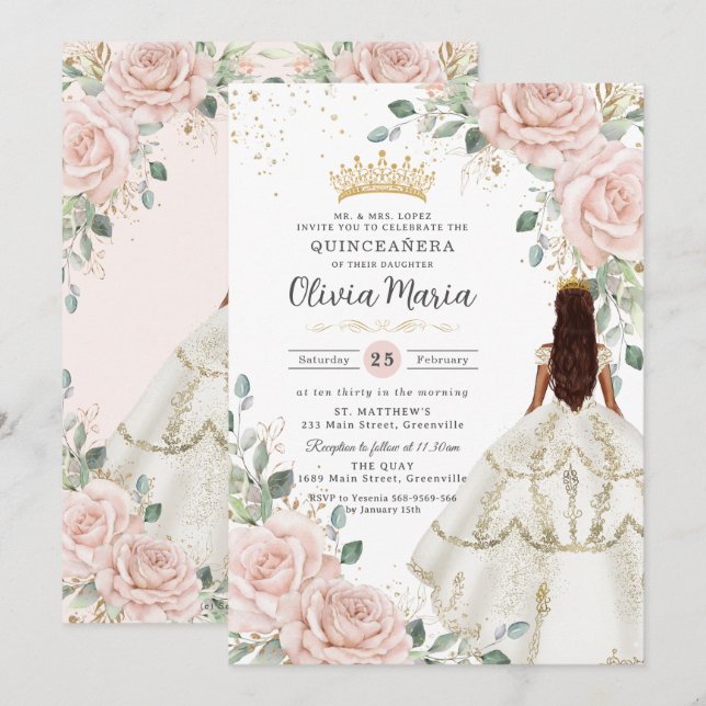 Blush Floral White Dress Princess Gown Quinceañera Invitation (Front/Back)