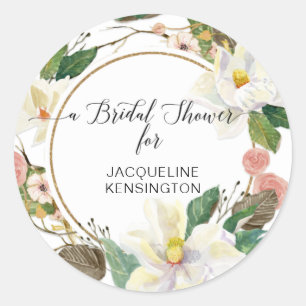 Blush Floral White Magnolia Watercolor Twig Leaves Classic Round Sticker
