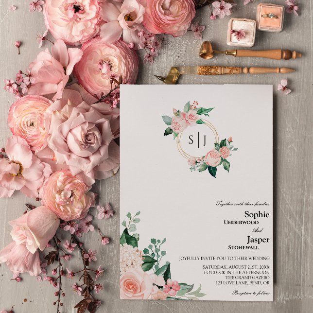 Blush Floral White Monogram Wedding Invitation (Creator Uploaded)