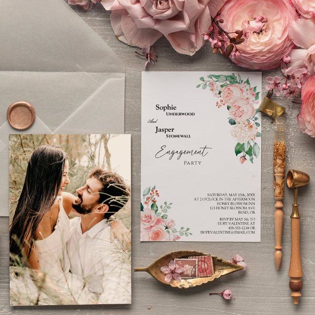 Blush Floral White Photo Engagement Party Invitation (Creator Uploaded)