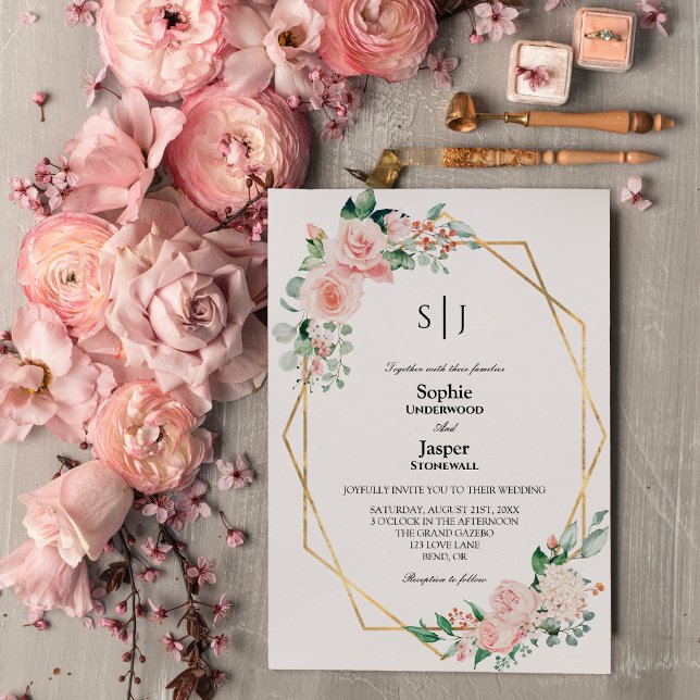 Blush Floral White Simple Monogram Wedding Invitation (Creator Uploaded)