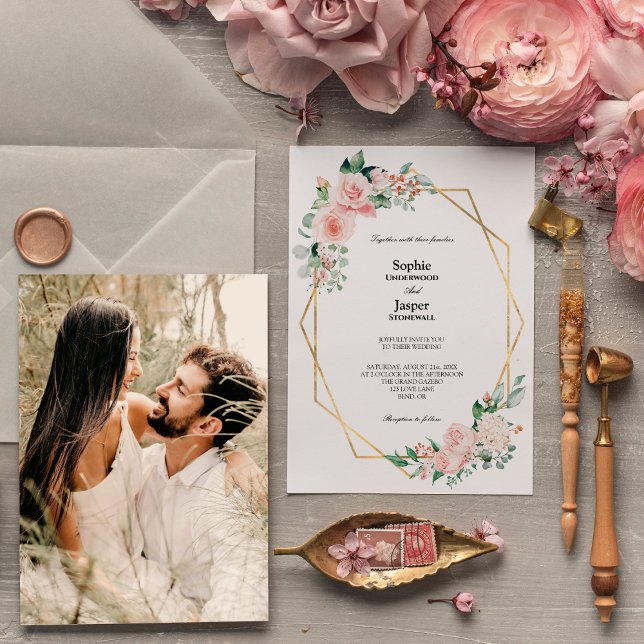 Blush Floral White Simple Photo Wedding Invitation (Creator Uploaded)