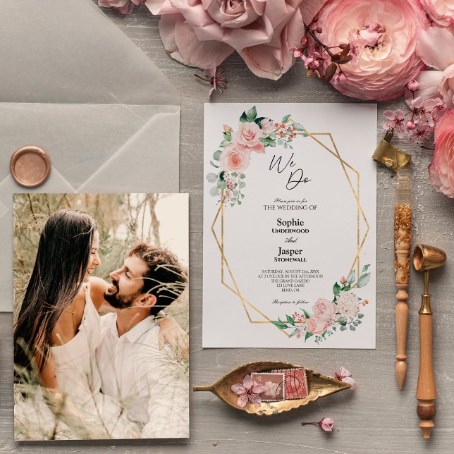 Blush Floral White Simple We Do Photo Wedding Invitation (Creator Uploaded)