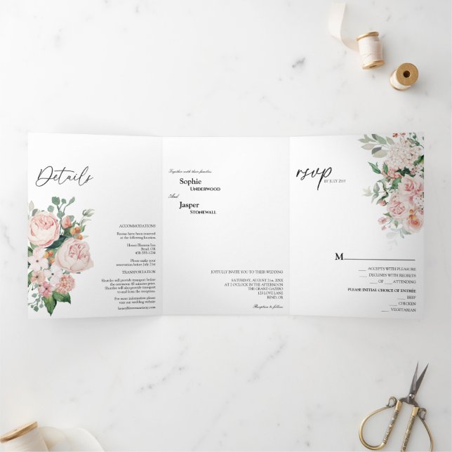 Blush Floral White Tri-Fold Wedding Invitation (Inside)