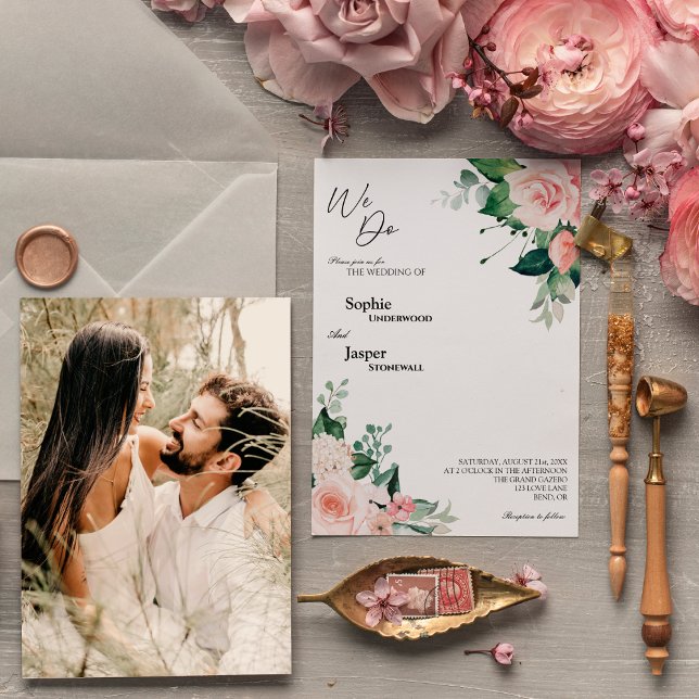 Blush Floral White We Do Photo Wedding Invitation (Creator Uploaded)