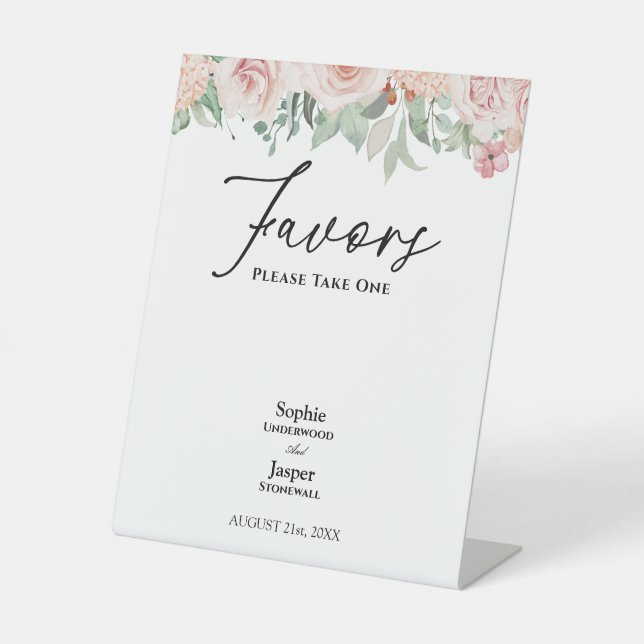 Blush Floral White Wedding Favours Pedestal Sign (Front)