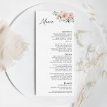 Blush Floral White Wedding Flat Menu<br><div class="desc">This blush floral white wedding flat menu design features beautiful chic neutral backgrounds of black or white with simple modern typography and elegant calligraphy to set a sophisticated tone for any style of event. Each product is embellished with gorgeous blush pink roses and peach and ivory hydrangeas arranged with lush...</div>