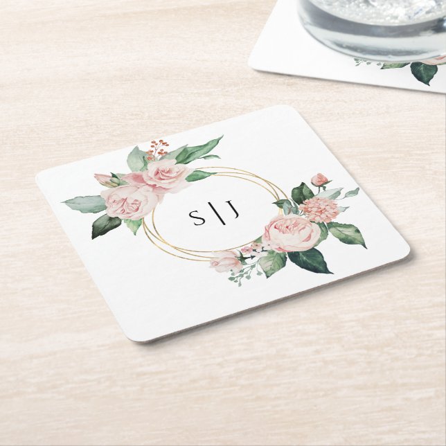 Blush Floral White Wedding Monogram Square Paper Coaster (Angled)