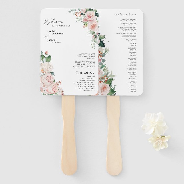 Blush Floral White Wedding Program Fan (Front and Back)