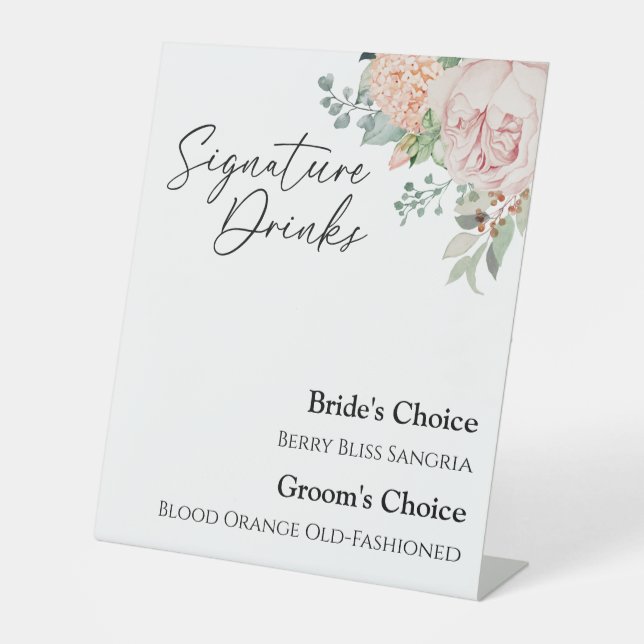 Blush Floral White Wedding Signature Drinks Sign (Front)