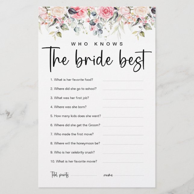 Blush Floral | Who Knows The Bride Best Game (Front)