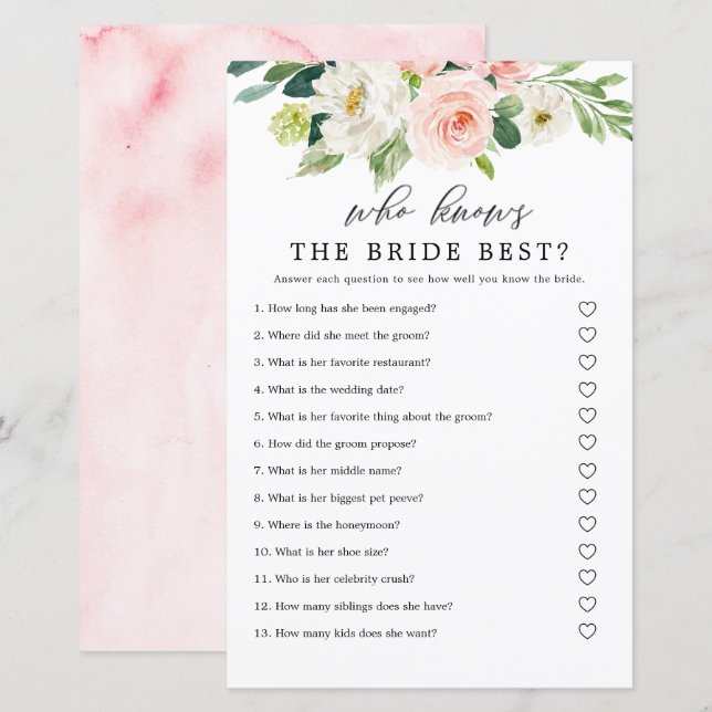 Blush Floral Who Knows The Bride Best Game Cards (Front/Back)