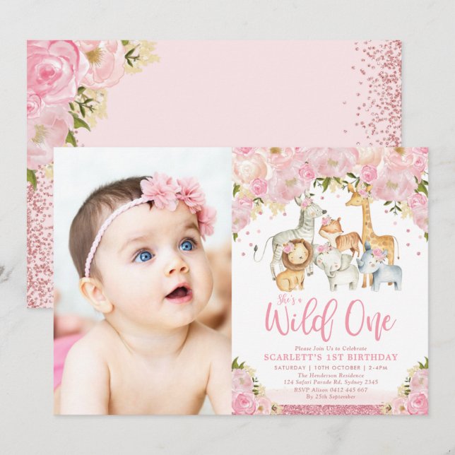 Blush Floral Wild Safari Animals Girl 1st Birthday Invitation (Front/Back)