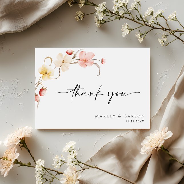 Blush Floral Wildflower Elegant Script Wedding Thank You Card (Creator Uploaded)