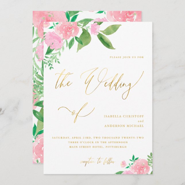 Blush Floral with Faux Gold Calligraphy Wedding Invitation (Front/Back)