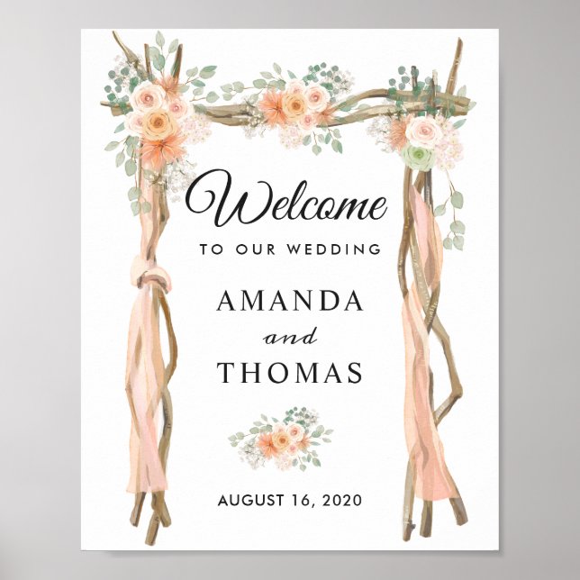 Blush Floral Wood Arbor Arch Wedding Welcome Sign (Front)