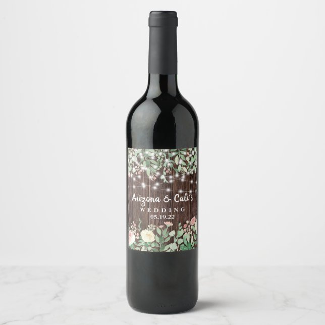 Blush Floral Wood String Lights wedding wine label (Front)