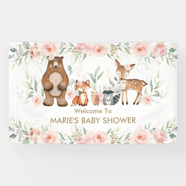 Blush Floral Woodland Animal Baby Shower Backdrop  Banner (Horizontal)