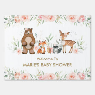 Blush Floral Woodland Animal Baby Shower Welcome Garden Sign