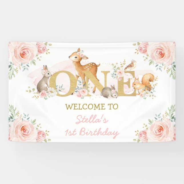 Blush Floral Woodland Animals 1st Birthday Welcome Banner (Horizontal)