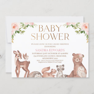 Blush Floral Woodland Animals Baby Shower  Invitation